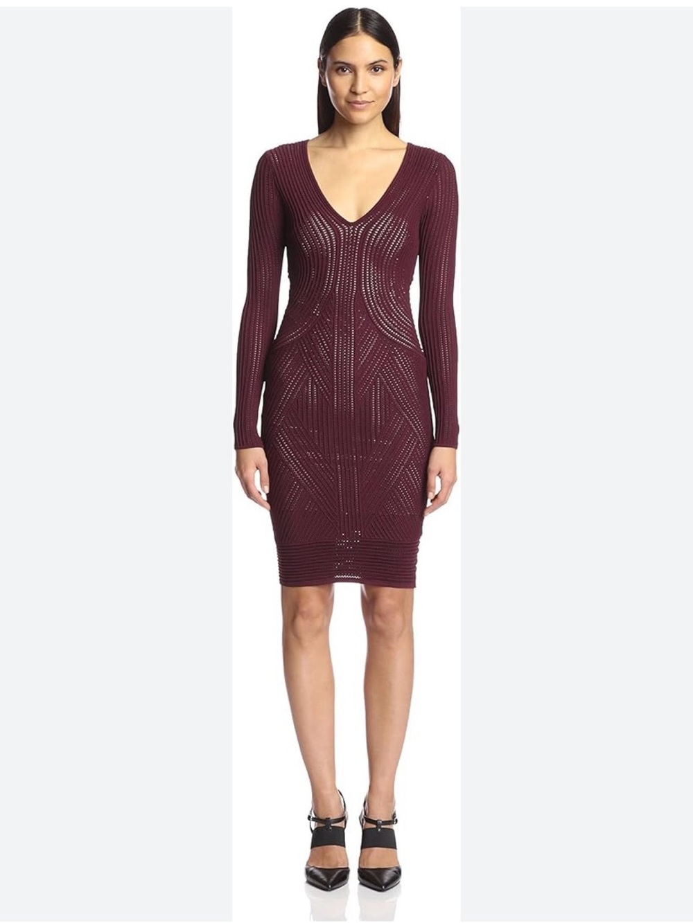 Ronny Kobo Military Pointelle Long Sleeve V-Neck Bodycon Dress in Dark Cherry.